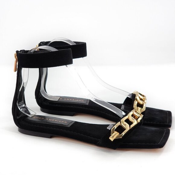GOOD AMERICAN Ankle Strap Suede Sandals Black Zip Gold Chain Link - Picture 3 of 9
